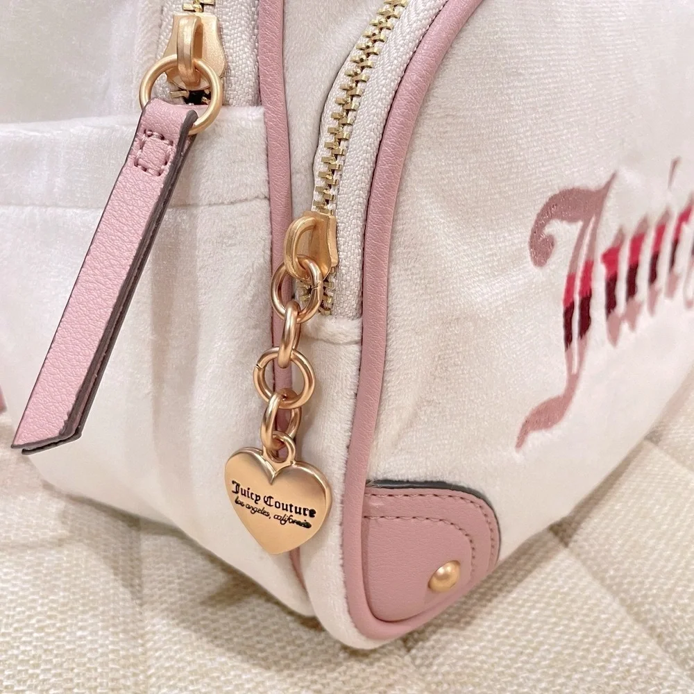 NEW Juicy Couture Velour Mini Backpack Cream Pink Embroidered Logo Heart Charm‎